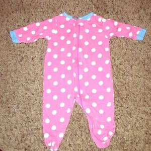 White onesie with pink polka dots